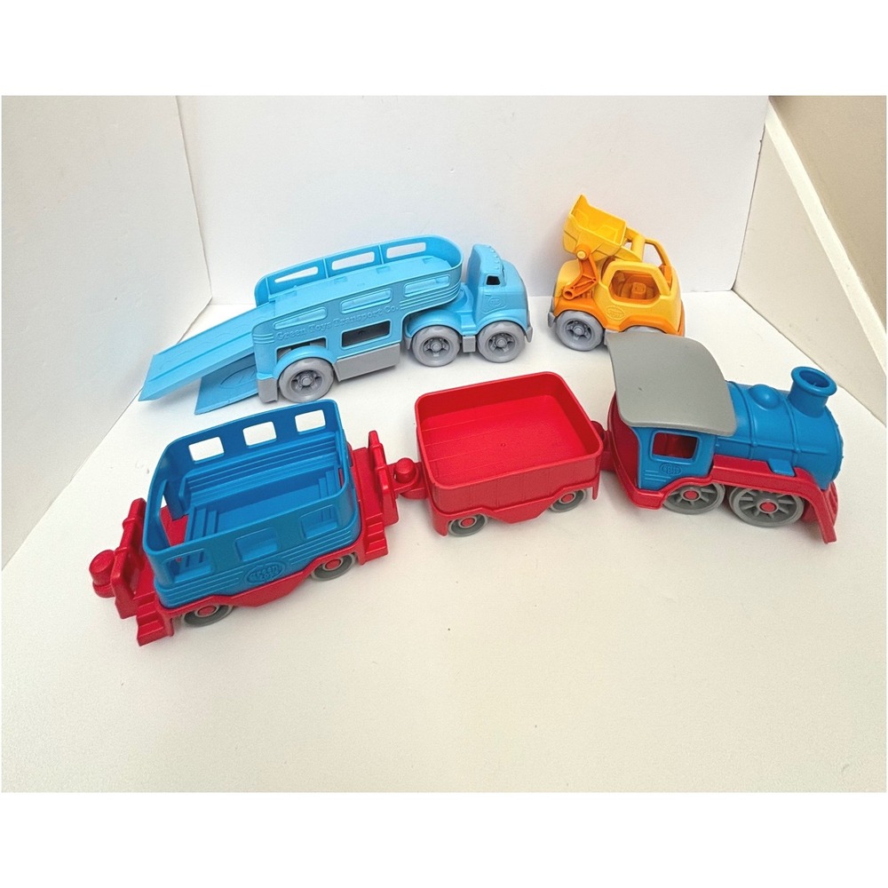 Green Toys Vehicle Set Toddler Train Truck Carrier Trailer Front Loader Lot 3